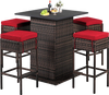 5-piece patio rattan bar set with red cushioned stools and hidden storage, perfect for outdoor leisure by the poolside.