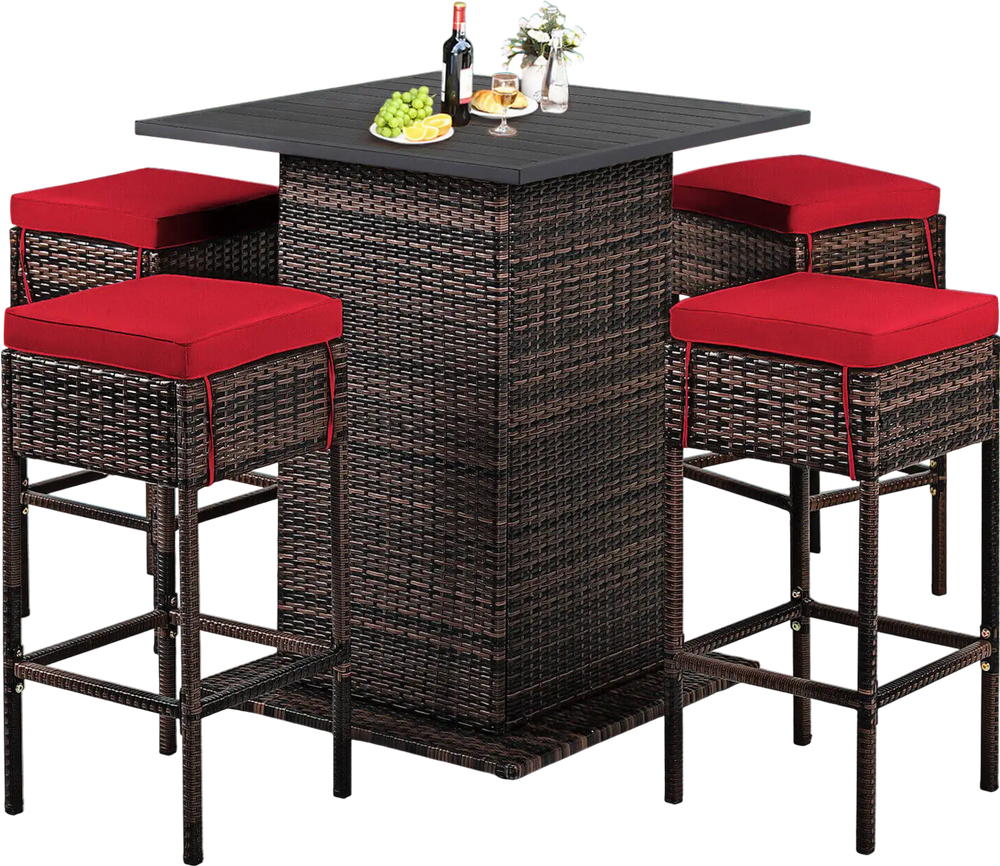 5-piece patio rattan bar set with red cushioned stools and hidden storage, perfect for outdoor leisure by the poolside.