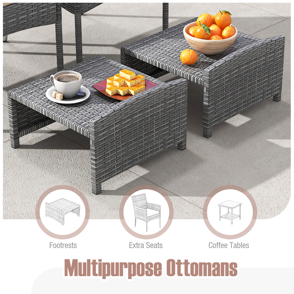 Multipurpose ottomans in grey PE rattan, serving as footrests or coffee tables, ideal for outdoor patio use.