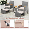 Patio conversation set featuring grey PE rattan chairs with soft beige cushions and versatile ottomans for outdoor.