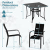 Patio dining set featuring a 36" square table and stackable black chairs, ideal for outdoor meals and gatherings.
