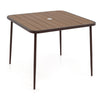 Square patio dining table with plastic wood slatted top and umbrella hole, perfect for outdoor gatherings.