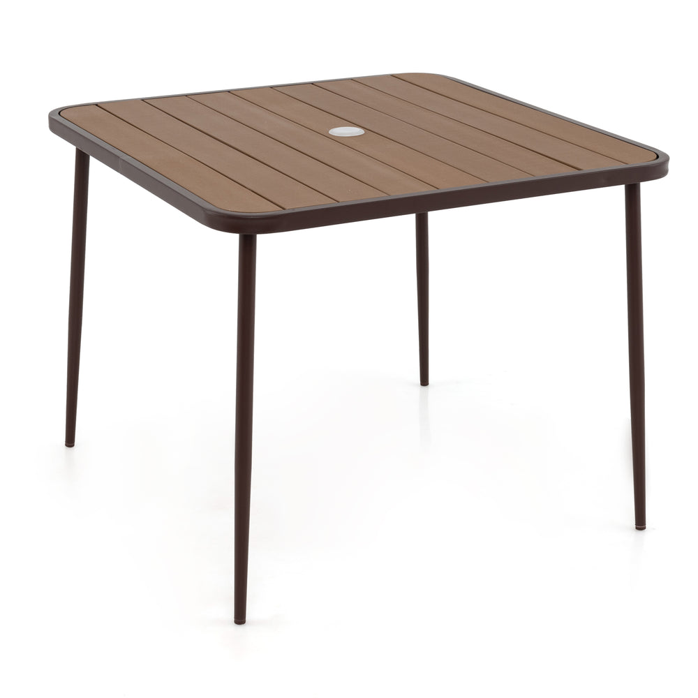 Square patio dining table with plastic wood slatted top and umbrella hole, perfect for outdoor gatherings.