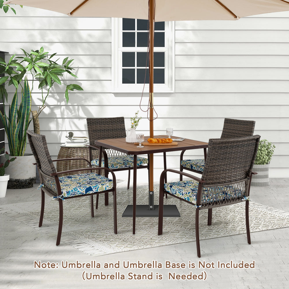 5-piece patio dining set featuring 4 cushioned rattan armchairs and a 35" square table, perfect for outdoor relaxation.