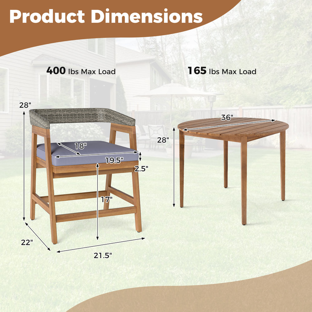 Dimensions of the 5-piece patio dining set featuring acacia wood, PE rattan backrest, and soft cushions for outdoor.