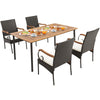 5-piece patio wicker dining set featuring acacia wood table, PE rattan chairs with cushions, and umbrella hole for.
