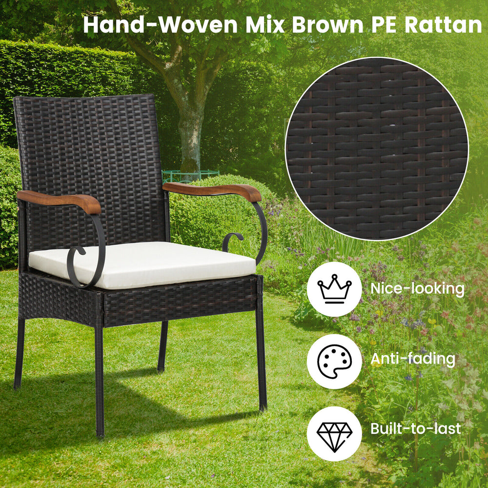 Hand-woven mix brown PE rattan chair with detachable cushion, ergonomic armrests, perfect for outdoor dining.