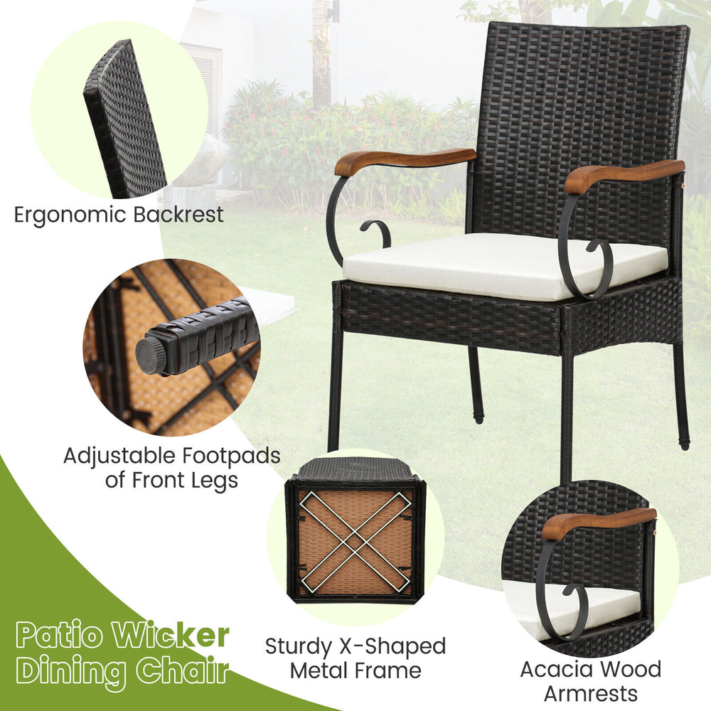 Patio wicker dining chair with ergonomic backrest, acacia wood armrests, and adjustable footpads for outdoor comfort.