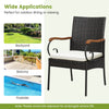 Patio wicker dining chair with detachable cushion, ergonomic armrests, and PE rattan for outdoor dining or relaxing.