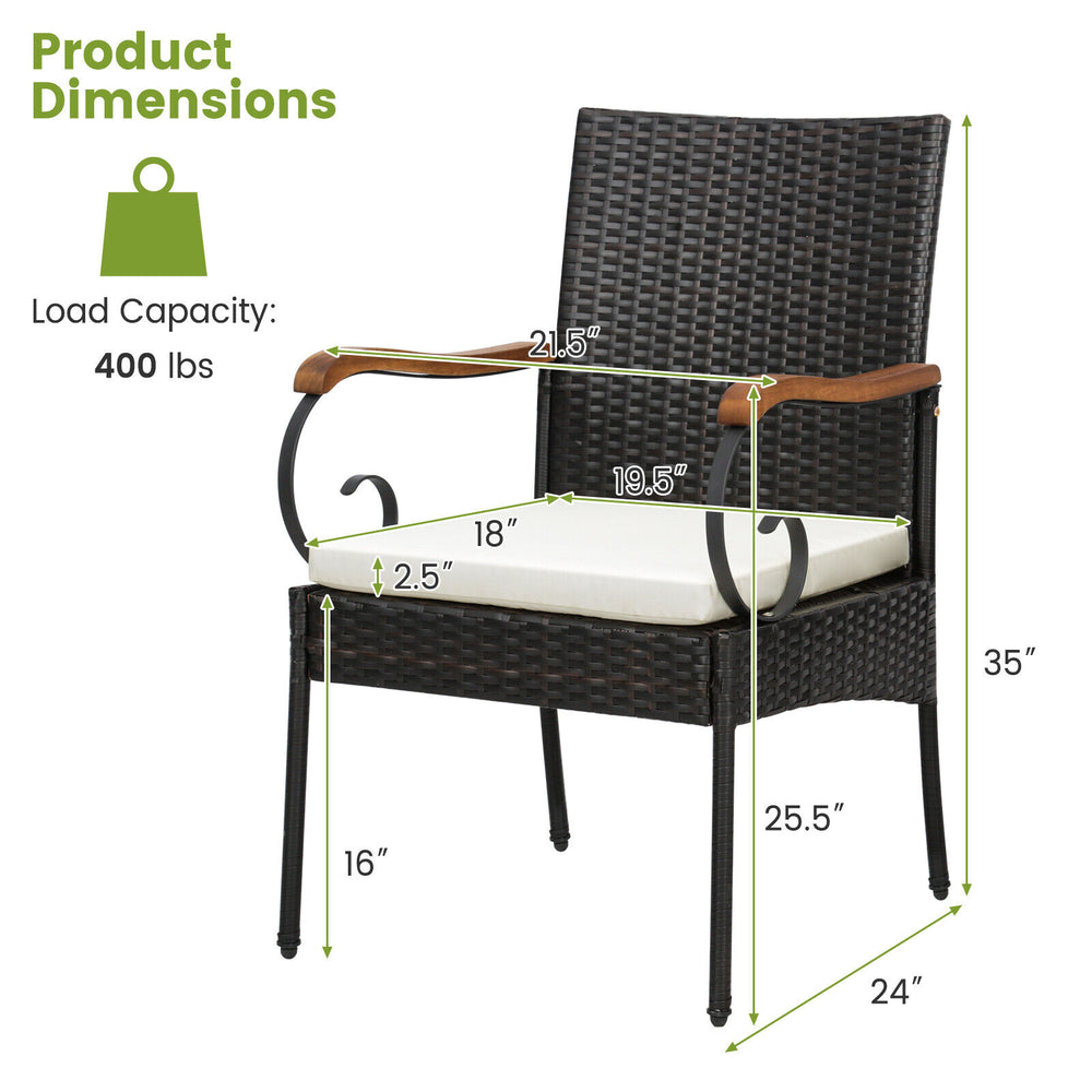 Patio dining chair with detachable cushion, made of PE rattan and acacia wood, designed for comfort and elegance.