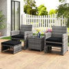 Patio ottoman from the 5-piece furniture set, featuring black PE wicker design and soft cushion for versatile outdoor.