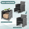 Patio lounge chairs with tucking ottomans, PE wicker, and a storage shelf, perfect for small outdoor spaces.