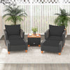 Two black armchairs with soft cushions and a side table, perfect for outdoor relaxation on the patio or porch.