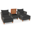 Patio furniture set featuring two armchairs, ottoman, and storage table, crafted from black PE rattan with acacia wood accents.