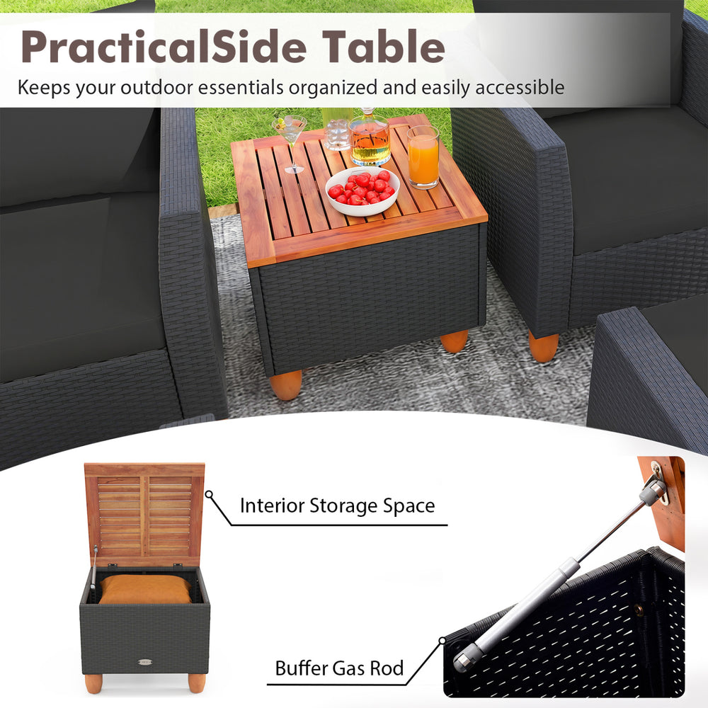 Practical side table with acacia wood top, interior storage space, and hand-woven PE rattan for outdoor convenience.