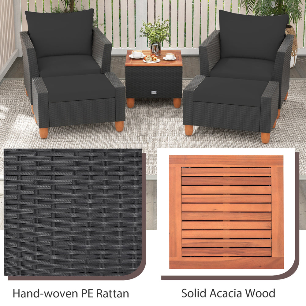 Patio furniture set featuring hand-woven PE rattan chairs and solid acacia wood side table, perfect for outdoor relaxation.