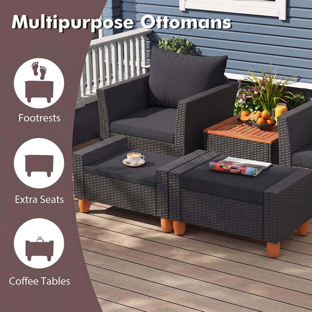 Multipurpose ottomans in black PE rattan serve as footrests, extra seats, or coffee tables for outdoor relaxation.