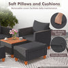 Patio furniture set featuring black hand-woven PE rattan, soft cushions, and a practical side table with storage.