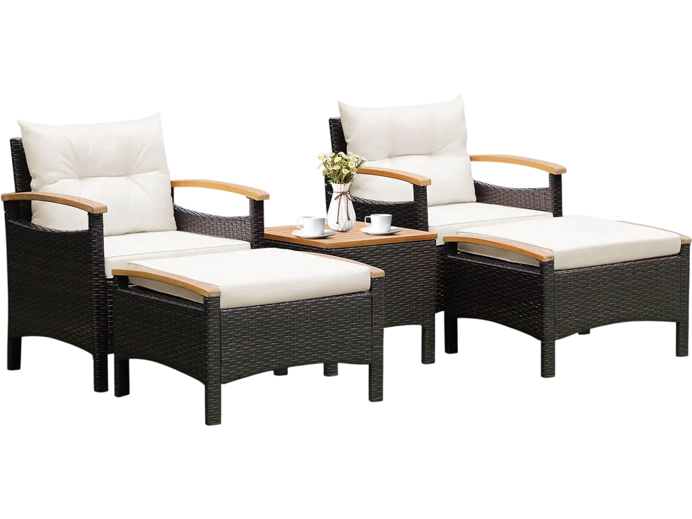 5 Pieces Patio Conversation Set with Cushions Coffee Table and 2 Ottomans