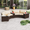 Curved 5-piece patio furniture set in brown PE rattan with beige cushions, ideal for outdoor relaxation and gatherings.