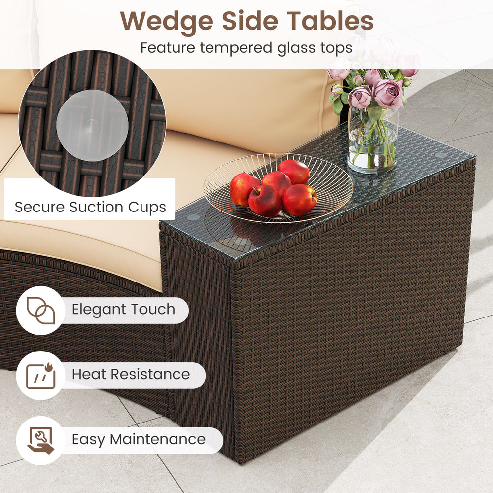 Wedge side table with tempered glass top and secure suction cups, perfect for outdoor patio use and easy access.