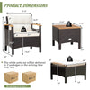 Dimensions of the 5-piece patio conversation set with cushions, featuring ergonomic armrests and sturdy acacia wood.