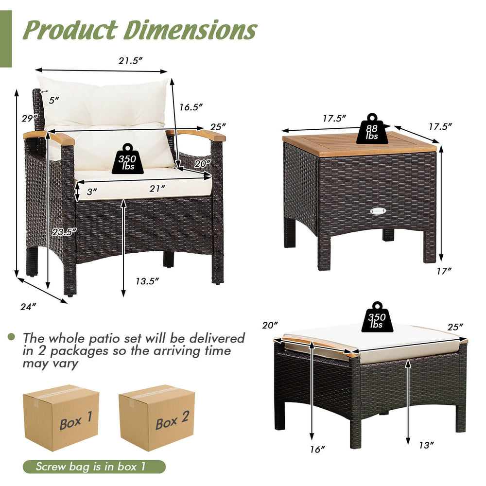 Dimensions of the 5-piece patio conversation set with cushions, featuring ergonomic armrests and sturdy acacia wood.