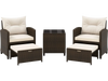 5-piece patio rattan furniture set featuring two chairs, two ottomans, and a tempered glass coffee table in brown.