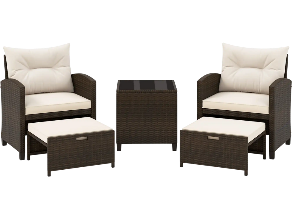 5-piece patio rattan furniture set featuring two chairs, two ottomans, and a tempered glass coffee table in brown.