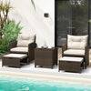 Patio rattan furniture set featuring two ottomans and a tempered glass coffee table, ideal for outdoor relaxation.
