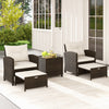 5-piece patio rattan furniture set featuring two chairs, ottomans, and a tempered glass coffee table for outdoor.