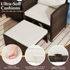 Close-up of the ottoman cushion with toggle buttons, featuring soft fillings and a durable rattan design for patio use.
