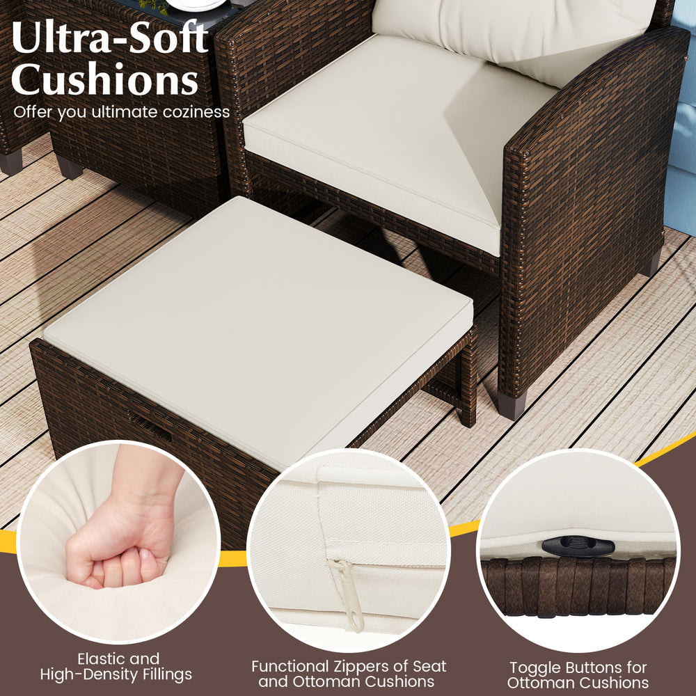 Close-up of the ottoman cushion with toggle buttons, featuring soft fillings and a durable rattan design for patio use.