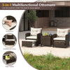 3-in-1 multifunctional ottomans in brown rattan, serving as footstools, additional seats, or side tables for outdoor.