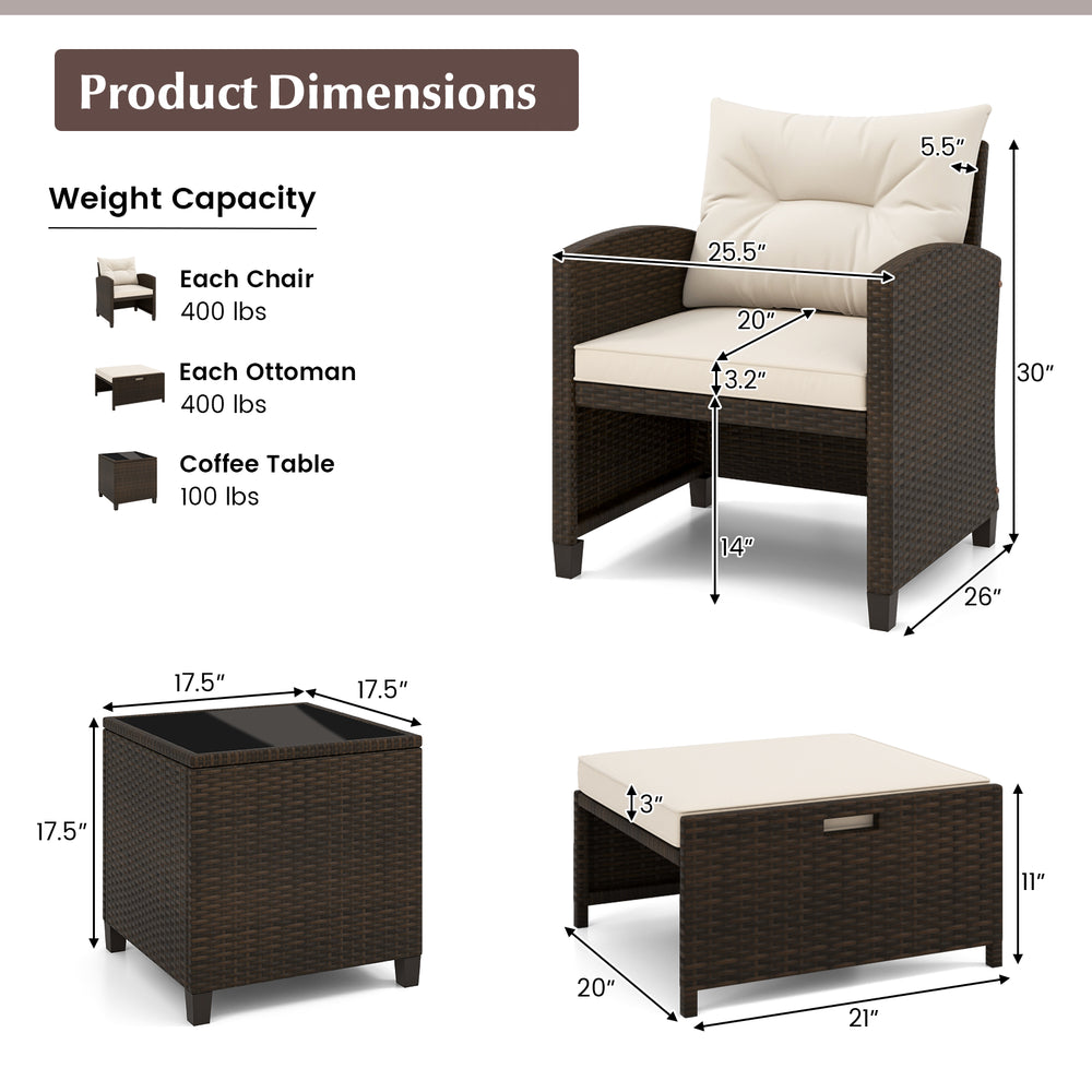 5-piece patio rattan furniture set featuring an off-white cushioned chair and tempered glass coffee table for outdoor.