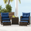 5 Pieces Patio Rattan Furniture with 2 Ottomans and Tempered Glass Coffee Table-Navy - Gallery View 1 of 13