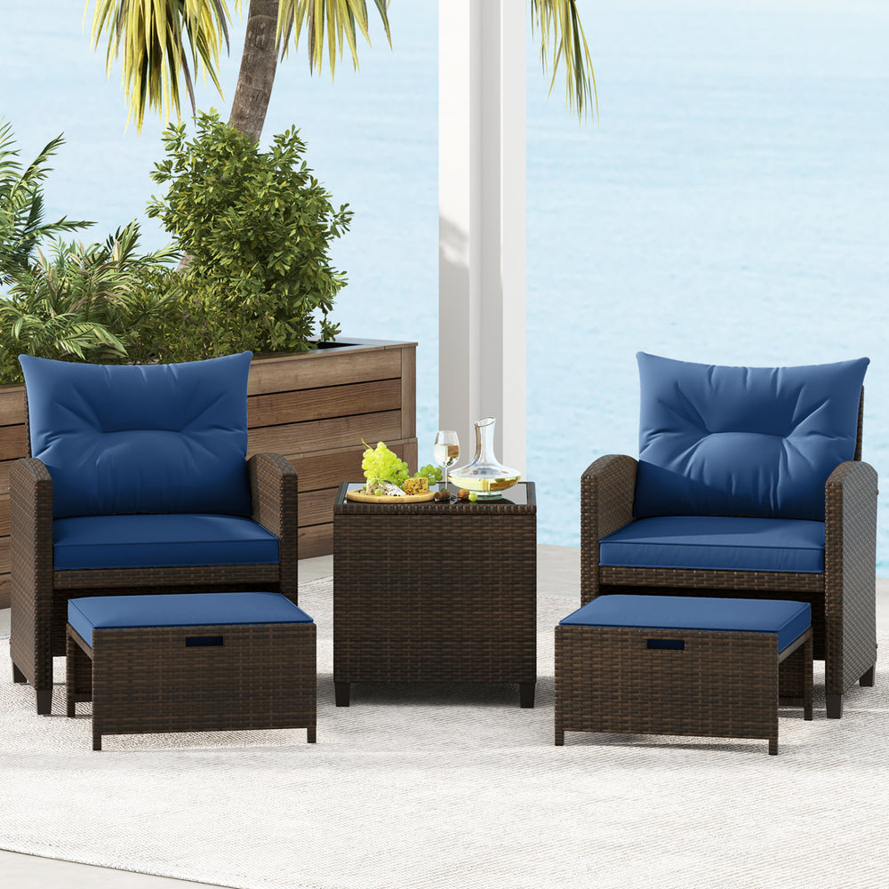 5 Pieces Patio Rattan Furniture with 2 Ottomans and Tempered Glass Coffee Table-Navy - Gallery View 1 of 13