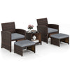 Patio rattan furniture set featuring two chairs, ottoman, and tempered glass coffee table for outdoor relaxation.
