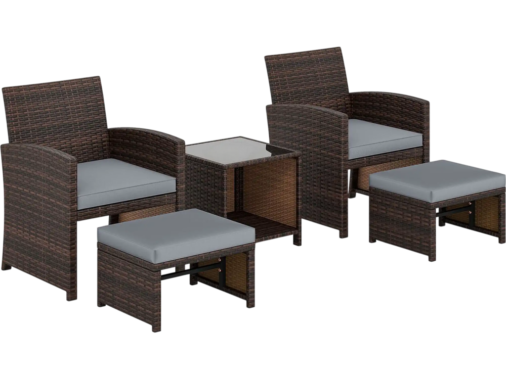 5-piece patio rattan furniture set featuring gray cushions, a tempered glass coffee table, and versatile ottomans for outdoor use.