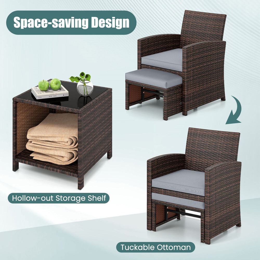 Patio rattan chair set with tucking ottoman and tempered glass coffee table, perfect for outdoor relaxation and storage.