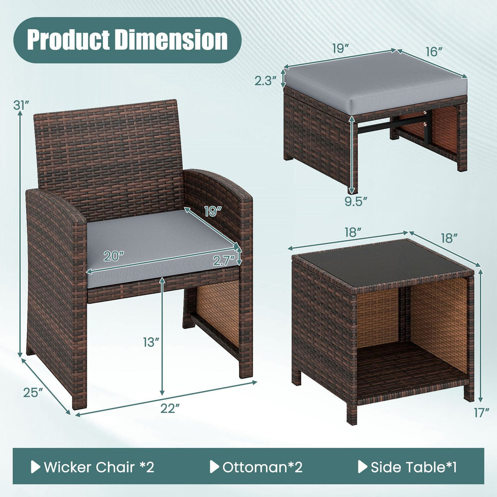 Wicker chair from the 5 Pieces Patio Rattan Furniture Set with gray cushion, ideal for outdoor relaxation and storage.