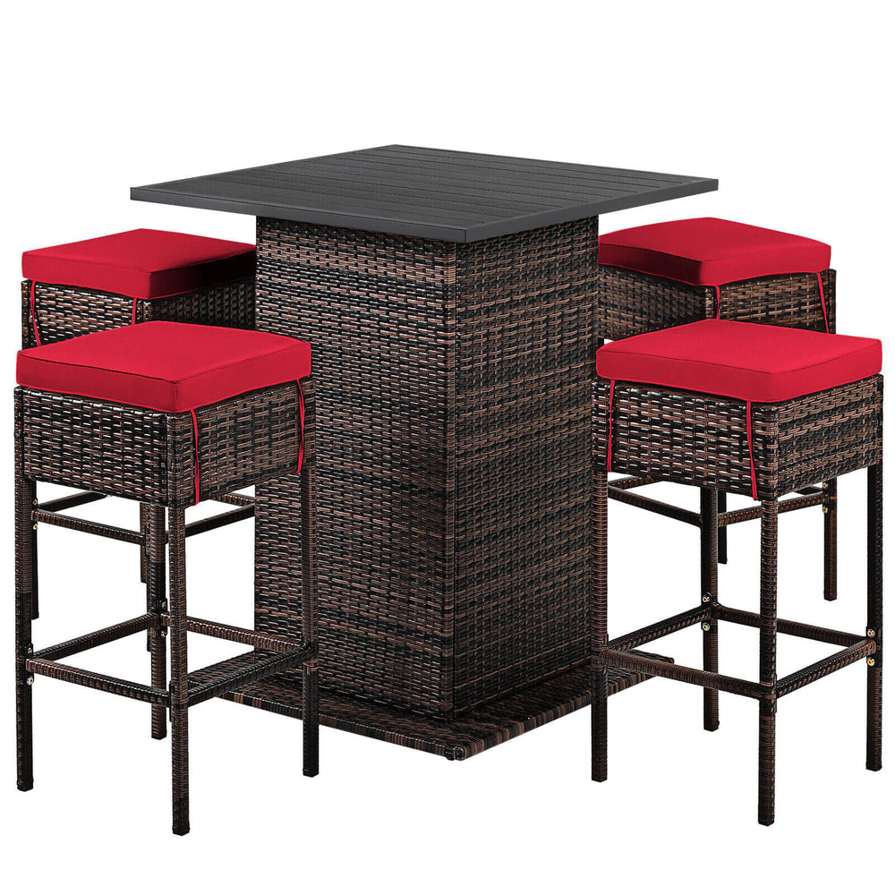 5-piece patio rattan bar table set with cushioned red stools, featuring hidden storage, ideal for outdoor leisure.