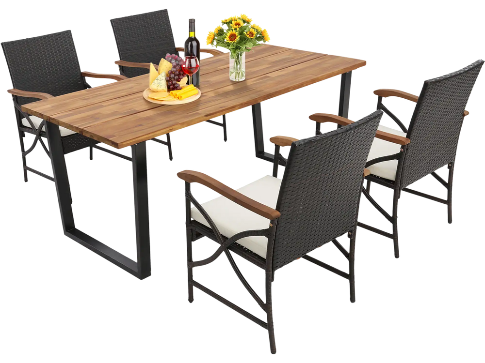 5 Pieces Patio Rattan Dining Set with Acacia Wood Tabletop and Armrests