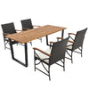 5-piece patio dining set featuring an acacia wood tabletop and PE rattan chairs, ideal for backyard or poolside use.