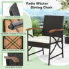 Patio wicker dining chair with acacia wood armrests and ergonomic backrest, ideal for outdoor dining and relaxation.
