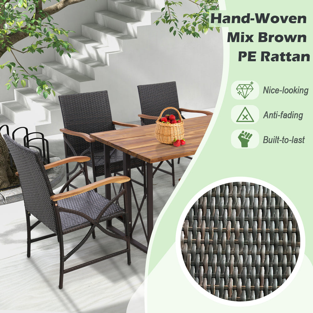 5-piece patio rattan dining set featuring a natural acacia wood tabletop and ergonomic armchairs for backyard.