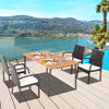 5-piece patio dining set featuring acacia wood table and cushioned PE rattan chairs, perfect for outdoor gatherings.