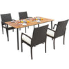 5-piece patio dining set featuring acacia wood table and cushioned PE rattan chairs, perfect for outdoor meals.