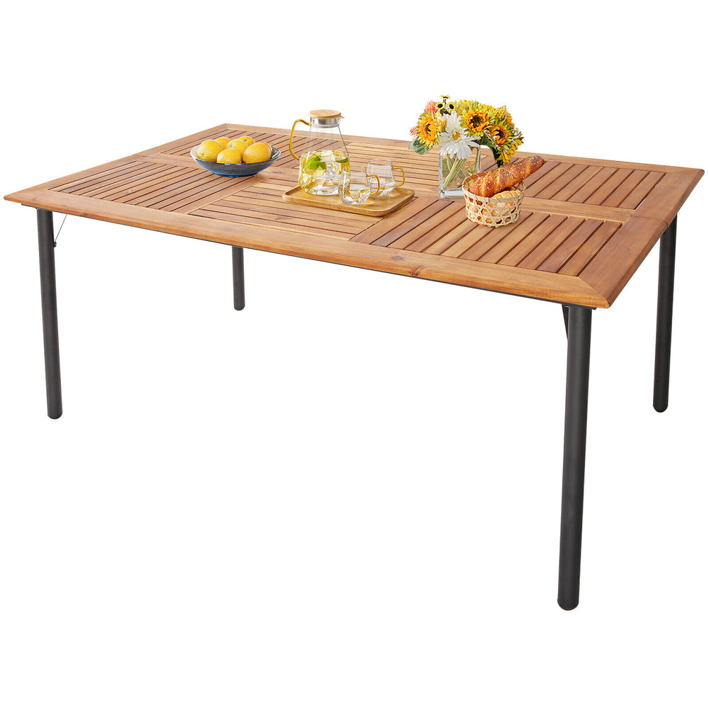 Acacia wood dining table with metal legs, featuring an umbrella hole, perfect for outdoor patio dining.