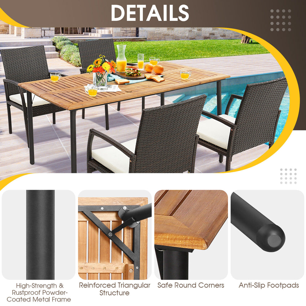 5-piece patio wicker dining set with acacia wood tabletop, cushioned chairs, and umbrella hole for outdoor dining.